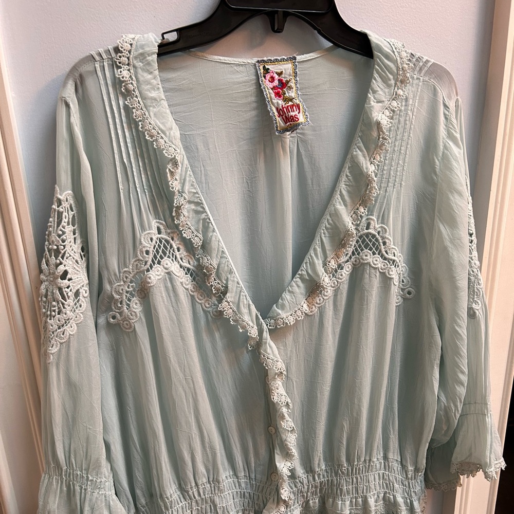 Johnny Was pale blue frilly top size XXL